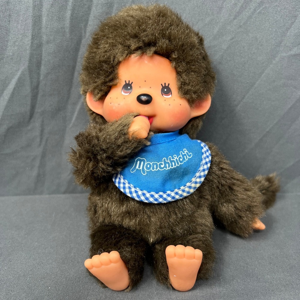 Sekiguchi Monchhichi Plush 8 Inch Brown Monkey Blue Bib Thumb Sucking Toy